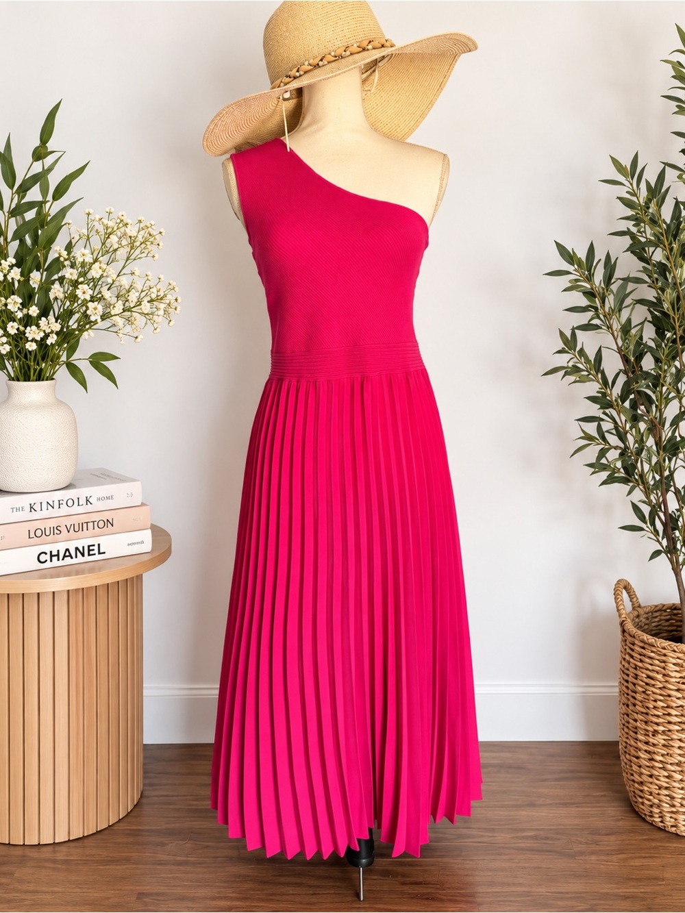 Ted Baker One-Shoulder Pleated Midi Dress - Fuchsia
